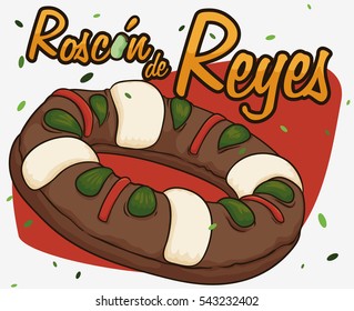 Poster with festive design of "Roscon de Reyes" (or Kings's Cake) and fava bean for Epiphany traditions.