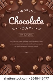 Poster Festive illustration celebrating World Chocolate Day, elegant typography, and a rich brown theme. Perfect for promoting sweet indulgences, holidays, or events centered around chocolate.