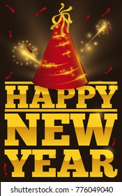 Poster with festive red hat, confetti and fireworks display over golden text with greetings for New Year celebration.