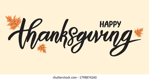 A poster with the festive text "Happy Thanksgiving".  Postcard, invitation, logo.  Composition on a light background, decorated with autumn leaves.