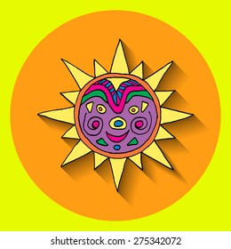 Poster for fiesta time with colorful hand drawn sun totem. Cinco de Mayo banner.