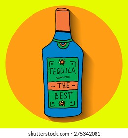 Poster for fiesta time with colorful hand drawn bottle. Cinco de Mayo banner.