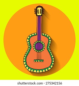 Poster for fiesta time with colorful hand drawn guitar. Cinco de Mayo banner.