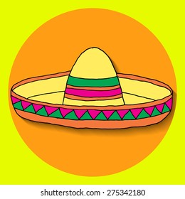 Poster for fiesta time with colorful hand drawn sombrero. Cinco de Mayo banner.