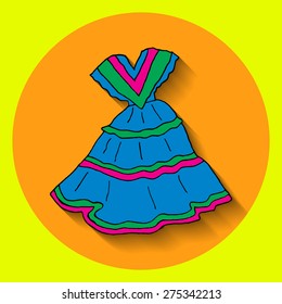 Poster for fiesta time with colorful hand drawn dress. Cinco de Mayo banner.