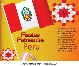 the poster for Fiestas Patrias De PERu. on this flyer red, white flag and symbol of Peru for festival with yellow gradients background template.