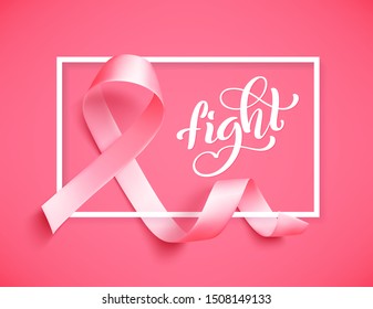 Poster Fight with realistic pink ribbon, breast cancer awareness symbol in october, vector illustration