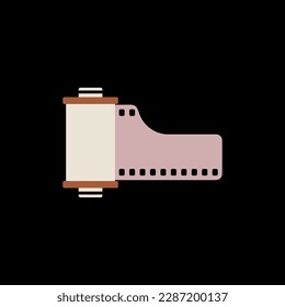 Poster with a film reel. Dark room supplies. Retro photo shooting and printing concept. Art and hobbies. Hand drawn vector illustration isolated on colorful background.