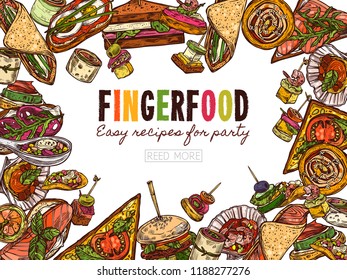 Poster with finger food background, template for website. Snacks, appetizers, mini canapes, sandwiches, seafood, hamburger, rolls. Vector illustration in flat style, colorful hand drawn sketch