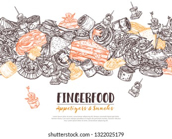 Poster with finger food background, template for website. Snacks, appetizers, mini canapes, sandwiches, seafood, hamburger, rolls. Vector illustration in monochrome hand drawn sketch style