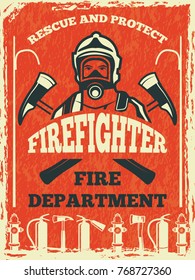 Poster for firefighter department. Design template in retro style. Fire department poster and banner with fighter. Vector illustration