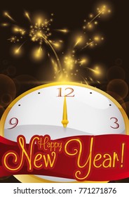 Poster with firework display and golden clock in a midnight of New Year's Eve.