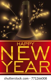 Poster with fireworks display, red ribbon with golden greetings and a champagne bottle silhouette to celebrate the New Year.