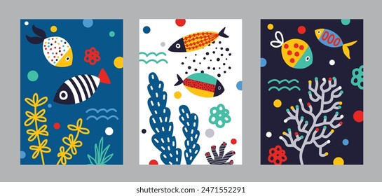 Poster with fish.  Cute set. Vector illustration. Poster.