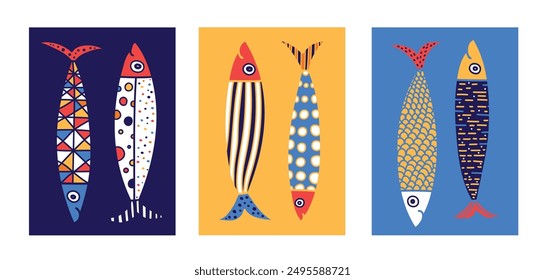 Poster with fish. Sardine.  Cute set. Vector illustration. Poster.