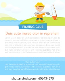 Poster with fisherman and fish.Banner with place for your text.Flat style.Vector illustration.