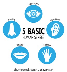 Poster five basic human feelings. Set icons the five senses of human perception. Eyesight, hearing, smell, taste, touch. Vector illustration