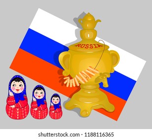 Poster with the flag of Russia. Golden samovar with teapot. Matryoshka Russian in a red dress , a blue handkerchief. Vector.