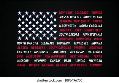 Poster Flag of United States of America with state names. White and red print flag of USA for t-shirt  Hand-drawn flag with states. Vector Illustration
