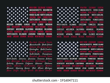 Poster Flag of United States of America with state names. White and red print flag of USA for t-shirt  Hand-drawn flag with states. Vector Illustration
