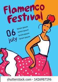 The poster of the flamenco festival with dancer in a dress in peas on a blue background is hand-painted  for poster, invitation or banner for the site. Vector illustration