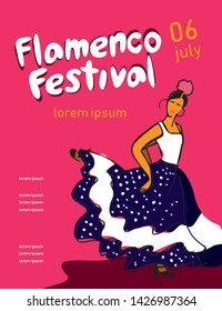 The poster of the flamenco festival with dancer in a dress in peas on a pink background is hand-painted  for poster, invitation or banner for the site. Vector illustration