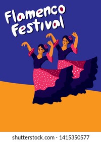 The poster of the flamenco festival with two dancers in a dress in peas on a blue background is hand-painted  for poster, invitation or banner for the site. Vector illustration