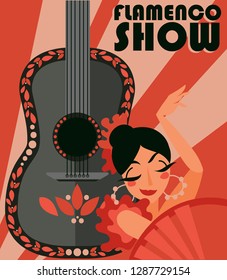Poster for flamenco show, gypsy dancer and guitar, vector illustration