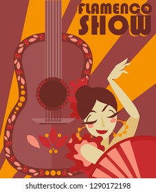 Poster for flamenco show, gypsy dancer and guitar, vector illustration