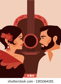 Poster for flamenco show and love, traditional gypsy couple and guitar, vintage colors, vector illustration