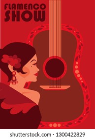 Poster for flamenco show, traditional gypsy woman and guitar, red palette, vector illustration