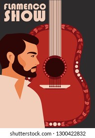 Poster for flamenco show, traditional gypsy man and guitar, vector illustration