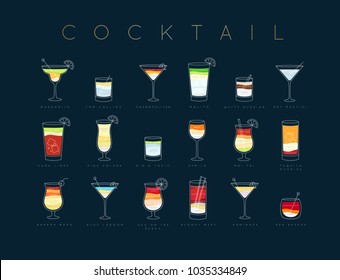 Poster Flat Cocktails Menu With Glass, Recipes And Names Of Drinks Drawing Horisontal On Dark Blue Background