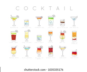 Poster Flat Cocktails Menu With Glass, Recipes And Names Of Drinks Drawing Horisontal On White Background