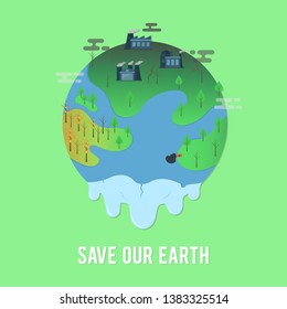 Poster Flat Design, In Theme: Save Our Earth, From Various Kinds of Damage Caused by Irresponsible Humans, Poster Design Save Our Earth With Green Background