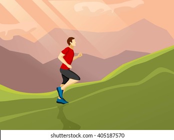 Poster with flat icon of man running alone up the hill on the landscape background vector illustration