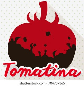 Poster in flat stile and long shadow with red tomato silhouette and crowd inside of it, throwing tomatoes each other at Tomatina Festival.