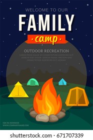 Poster in flat style with camping tent and campfire for family adventure camp.