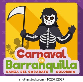 Poster in flat style with Colombian death representation holding a scythe in Barranquilla's Carnival celebration (texts in Spanish).