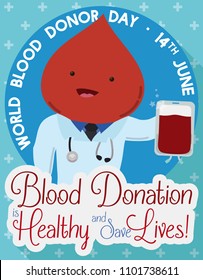 Poster in flat style with cute blood drop like a doctor promoting the healthy habit of blood donation and saving lives during World Donor Day in June 14.