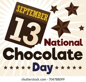 Poster in flat style with delicious loose-leaf calendar half bitten, brown stars and greeting sign for American National Chocolate Day in September 13.