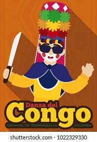 Poster in flat style with long shadow effect with traditional Congo's dancer saluting at you, holding traditional hat with flowers and machete for Barranquilla's Carnival (written in Spanish).