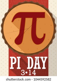 Poster in flat style and long shadow effect with a pie sliced like Pi symbol to celebrate Pi Day in March 14.