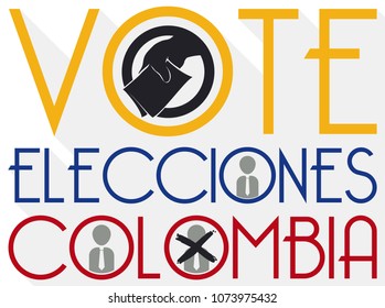 Poster in flat style and long shadow with design promoting the suffrage with silhouette of hand voting and choice of a candidate in the Colombia Elections contest (written in Spanish).