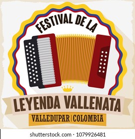 Poster in flat style and long shadow with tricolor ribbon, accordion and crown for the king or winner in the contest of Vallenato Legend Festival (written in Spanish).