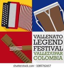 Poster in flat style and long shadow for Vallenato Legend Festival with traditional musical instruments: accordion, caja and guacharaca.