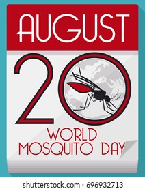 Poster in flat style and long shadow with a loose-leaf calendar and mosquito over globe inside number twenty to celebrate World Mosquito Day.