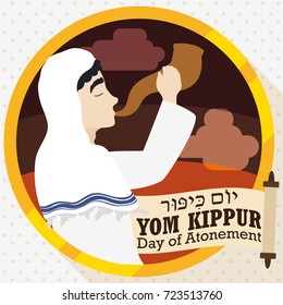 Poster in flat style and long shadow with Jewish man blowing a Shofar horn next to scroll announcing Yom Kippur (or Day od Atonement, written in Hebrew) celebration.