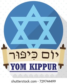 Poster in flat style and long shadow with David's star behind ancient scrolls and white tallit with stripes and fringes to celebrate Jewish Yom Kippur (or Day of Atonement, written in Hebrew).