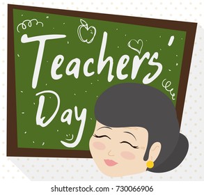 Poster in flat style and long shadow with a female senior educator and chalkboard with doodles and greetings to celebrate Teachers' Day.